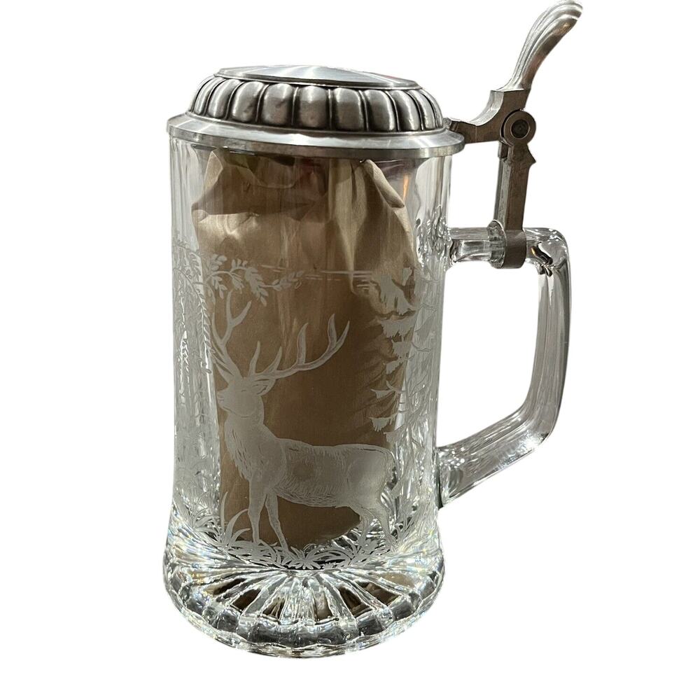 Domex | Dad Etched Lid Glass W/ Elk Deer & Trees Beer Stein Mug Hinge Pewter